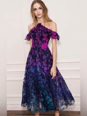 Marchesa Notte Ombre Floral Dress Off-Shoulder Floral Midi Dress